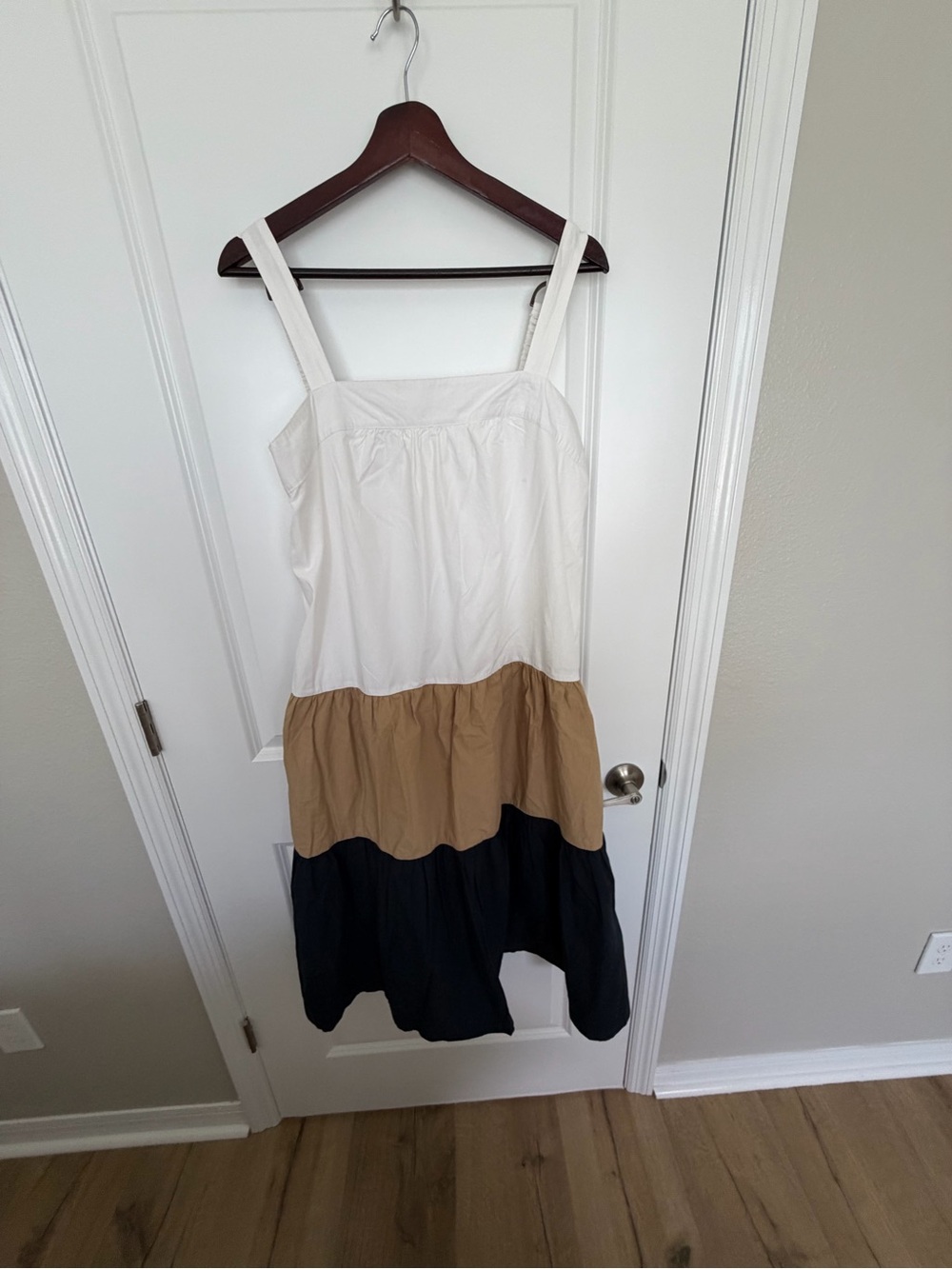Anthropologie White, Tan & Black Tiered Midi Sundress